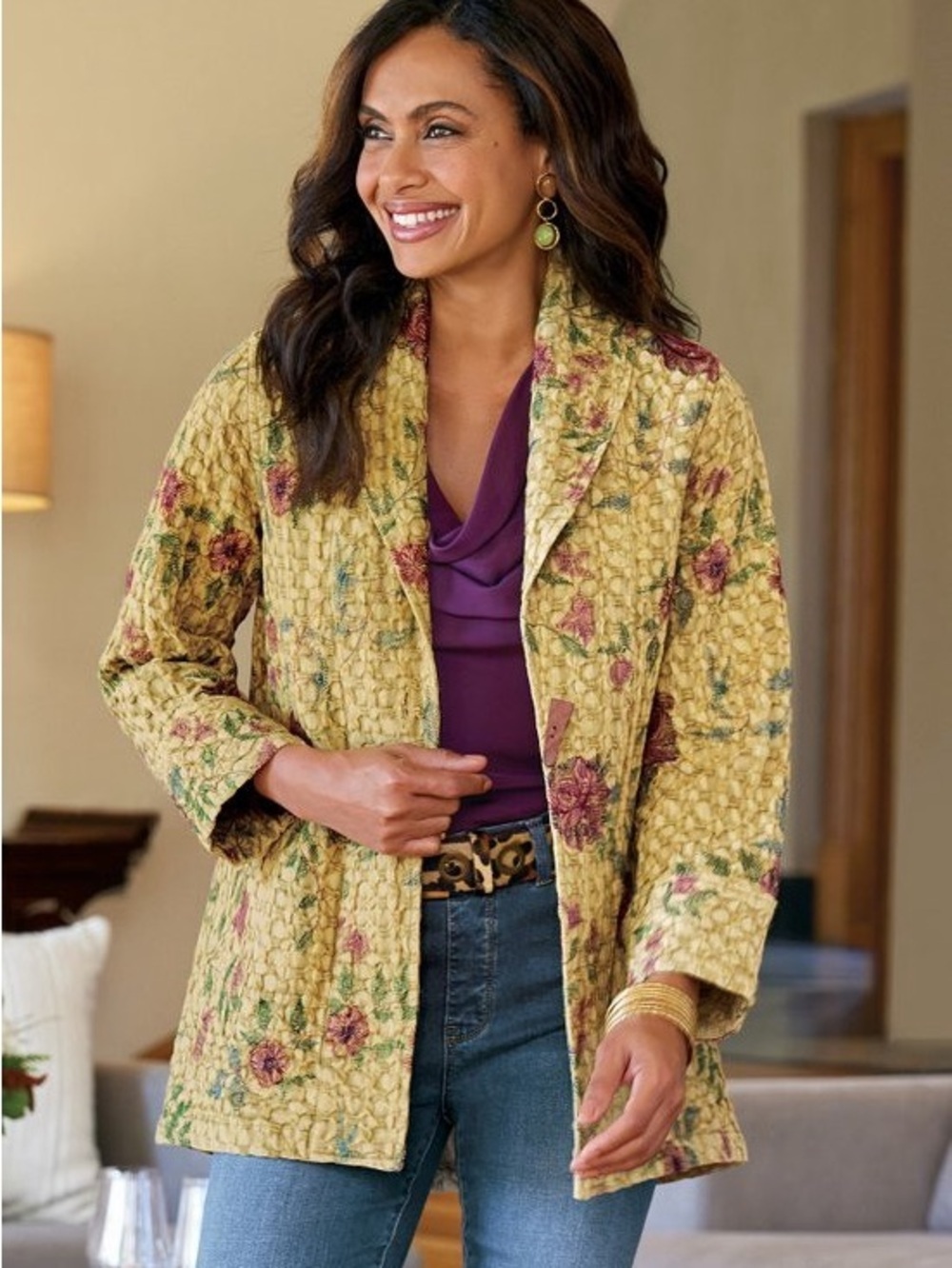 Soft Surroundings Phoenicia Quilted Kimono Jacket Rose Embroidered XL Boho